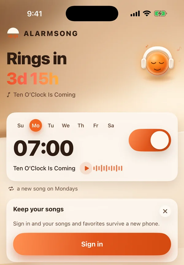 The AlarmSong alarm screen with a countdown reading three days fifteen hours, a 07:00 alarm card, the days of the week and the title of the song waiting