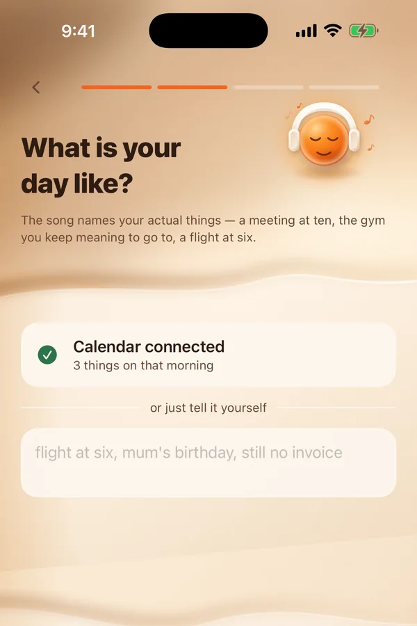 A screen asking what your day is like, showing that the calendar is connected with three things on that morning, and a field to describe the day in your own words