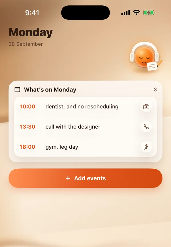 A card headed What's on Monday listing the dentist at ten, a call with the designer at half past one and the gym at six