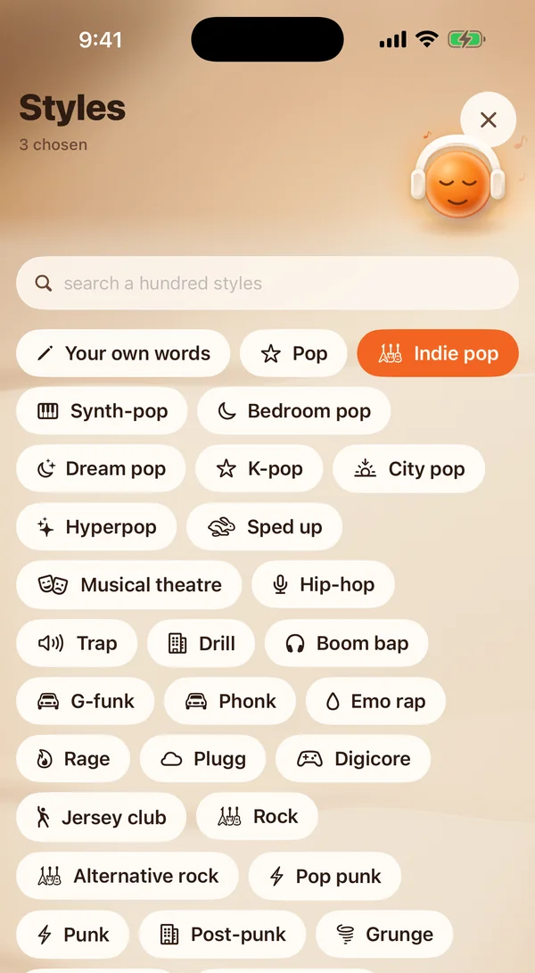 A style picker with a search field over a hundred styles, showing indie pop selected among synth-pop, bedroom pop, hip-hop, shoegaze and math rock