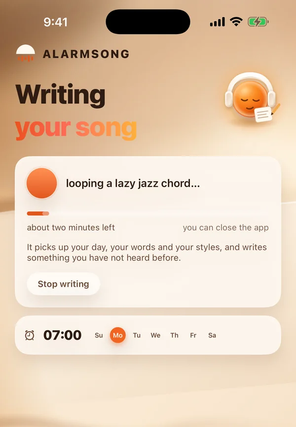 A screen headed Writing your song, with the line looping a lazy jazz chord, a progress bar, about two minutes left, and a note saying you can close the app